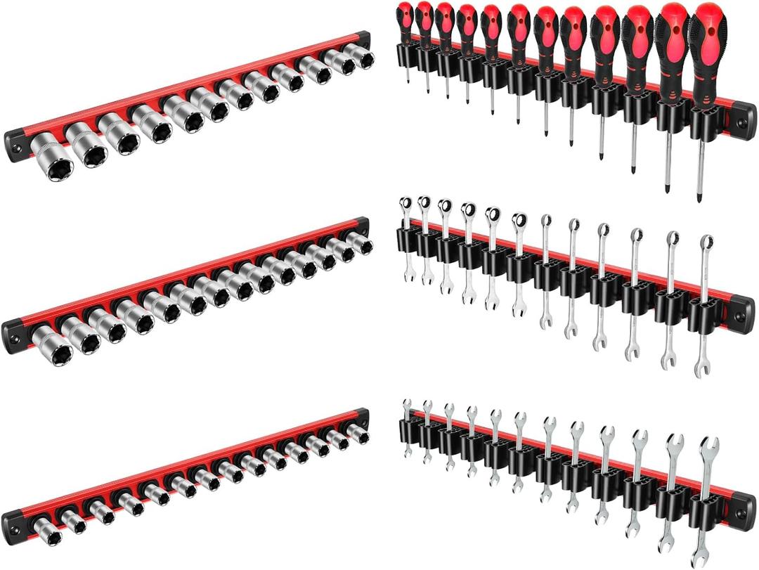 6-Piece Magnetic Socket Organizer Set with Magnetic Wrench and Screwdriver Holder, 1/2", 3/8", 1/4" Drive Tool Storage, 36-Slot for Screwdrivers and Wrenches (Tools Not Included) (Red)