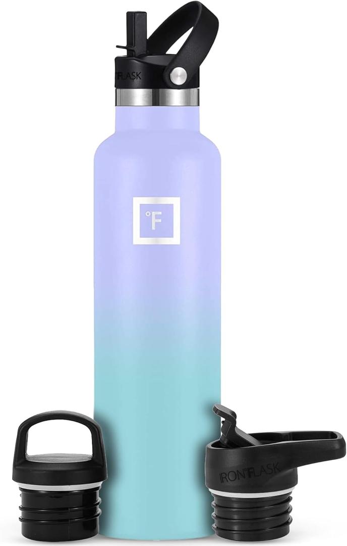 IRON FLASK Camping & Hiking Hydration Canteens - 3 Lids (Narrow Straw Lid) Leak Proof Vacuum Insulated Stainless Steel - Hot & Cold Double Walled Sports Water Bottle - Cotton Candy, 24 Oz
