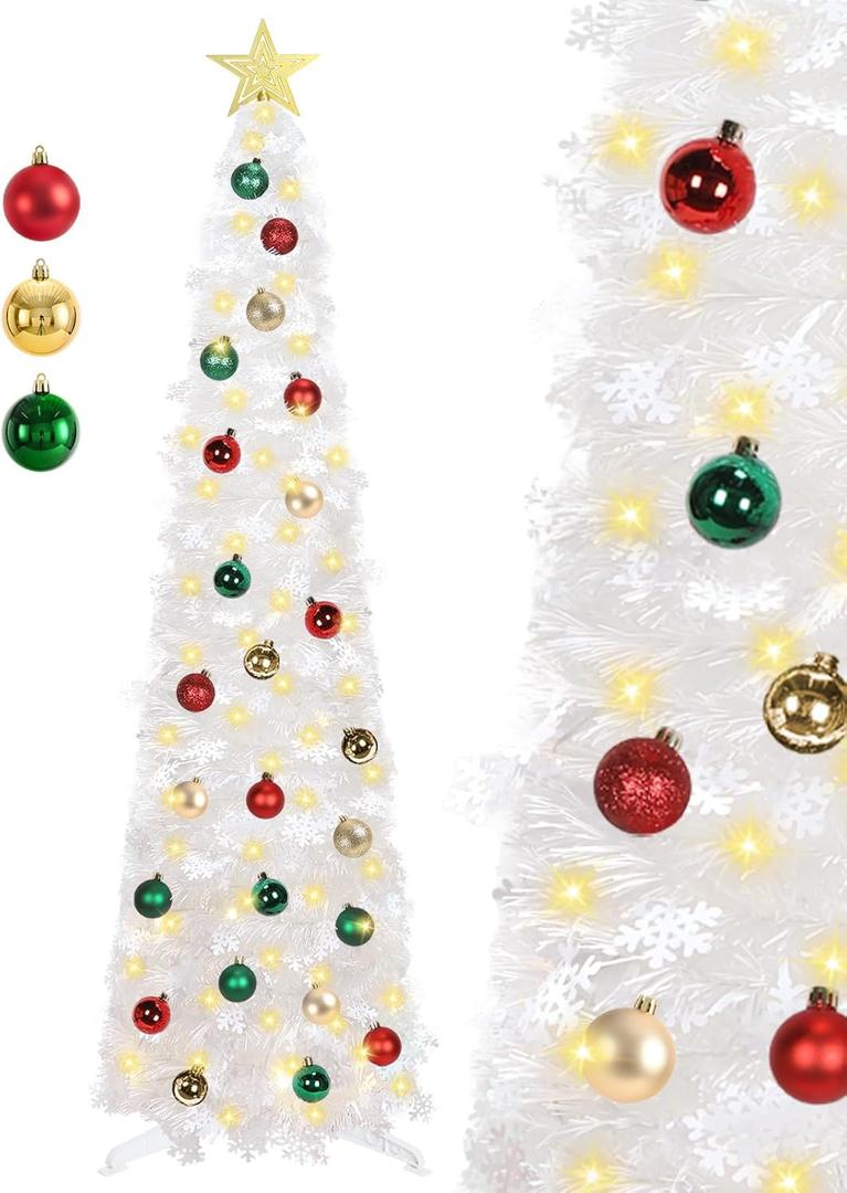 5 FT Pop Up Christmas Tree with Timer Lights and Decorations, White Tinsel Artificial Christmas Tree with 24 Balls Ornaments, Collapsible Pencil Tree for Xmas Home Office Party Decor