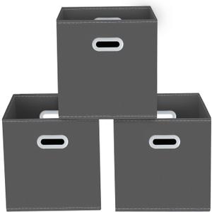 Yunkeeeper storage bins Cubes, Fabric Cube Organizer with Handle, Foldable Cube Bins for Cloth or Accessary Storage, 11x11x11, Set of 3, (Gray)
