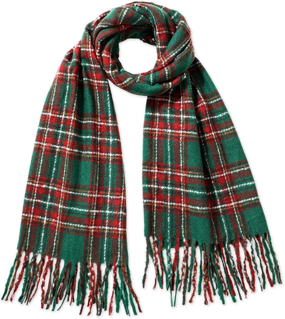 Winter Checkered Scarf for Women, Soft Feel Plaid Womens Scarfs with Fringe, Green Red Long Blanket Scarf