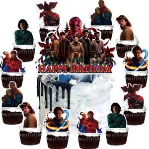 2 x 25Pcs Stranger 5 TV Happy Birthday Cake Decorations with 1Pcs Cake Topper, 24Pcs Cupcake Toppers for Movie Theme Birthday Party Supplies, 4.7 inches x 6.3 inches