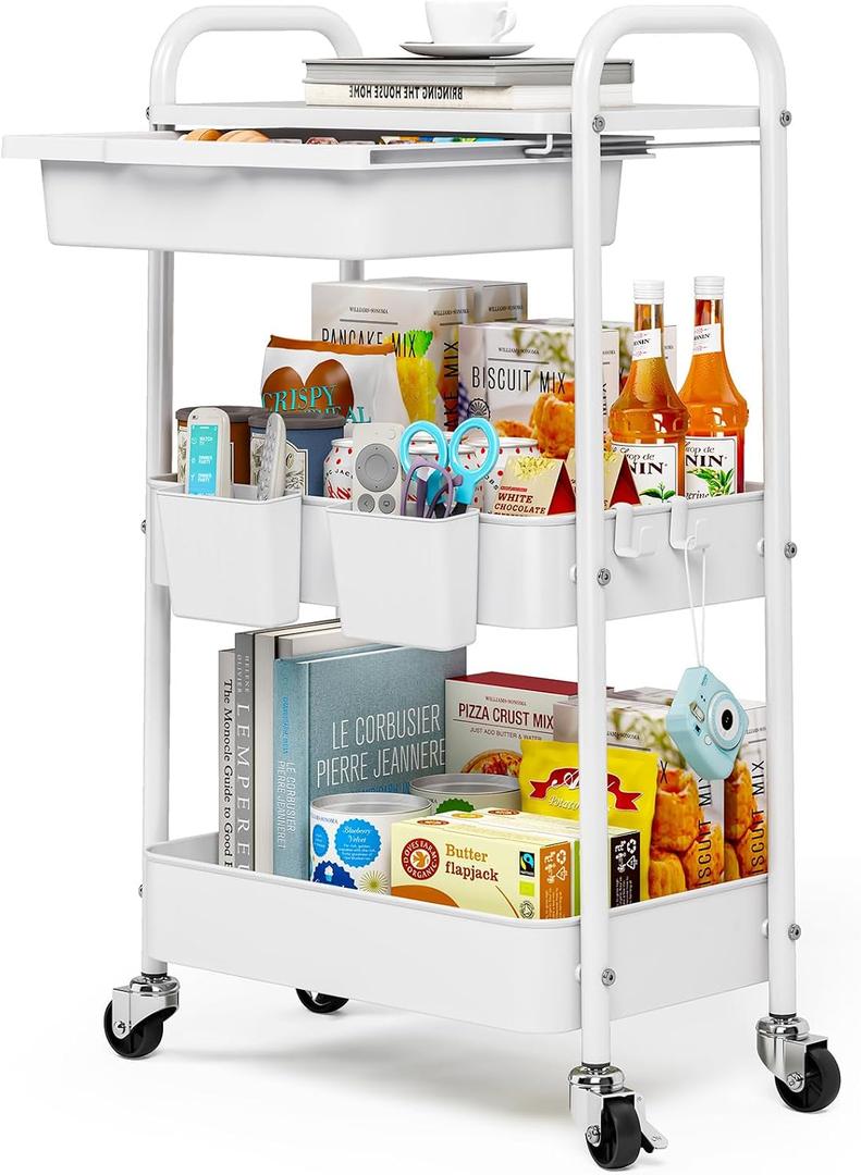 3 Tier Metal Rolling Utility Cart with Drawer & Lockable Wheels - Heavy-Duty Multifunctional Storage Organizer with 2 Cups and 4 Hooks for Bathroom, Kitchen, Snack, Craft, Makeup, Baby Essentials