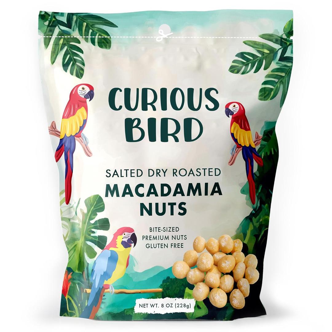 Curious Bird Macadamia Nuts Dry Roasted with Sea Salt | Bite Sized Healthy Snack | 8oz Resealable Bag (Pack of 1), BB 6-15-26
