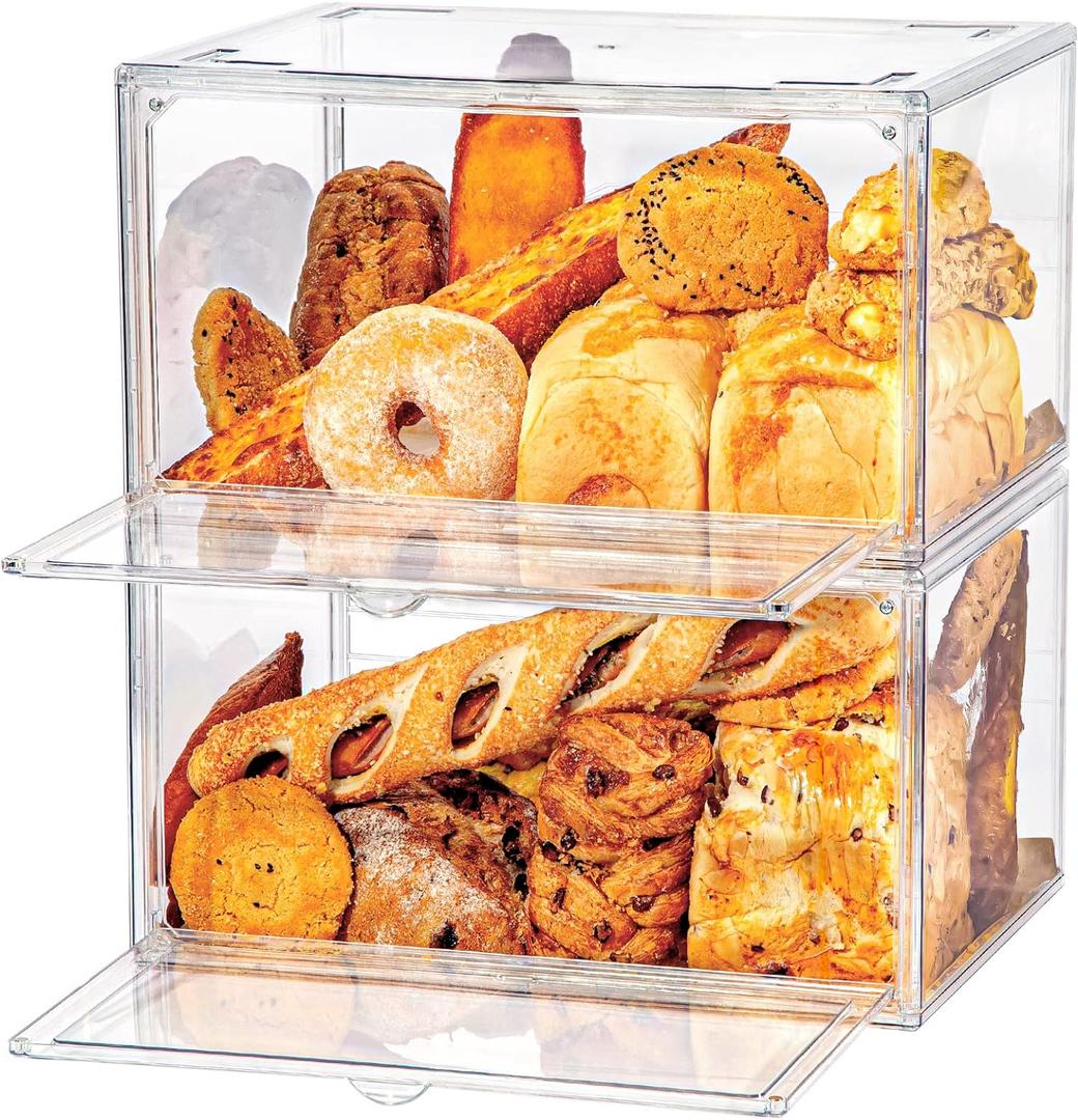 2pcs Large Bread Box Kitchen Countertop upgraded - Large Capacity Transparent Bread Rack Storage Box 20 Sheets of Greaseproof paper-Stackable Double-Layer Bread Pantry Storage Container