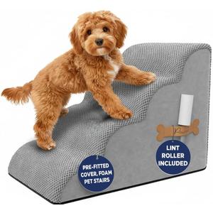 PAWZY Dog Stairs for Bed & Couch, 4-Step Foam Pet Steps 20 High for Small Dogs & Cats up to 60 lbs, Wide Non-Slip Stairs, Waterproof Washable Zipper Cover, No Assembly, Grey (Gray)