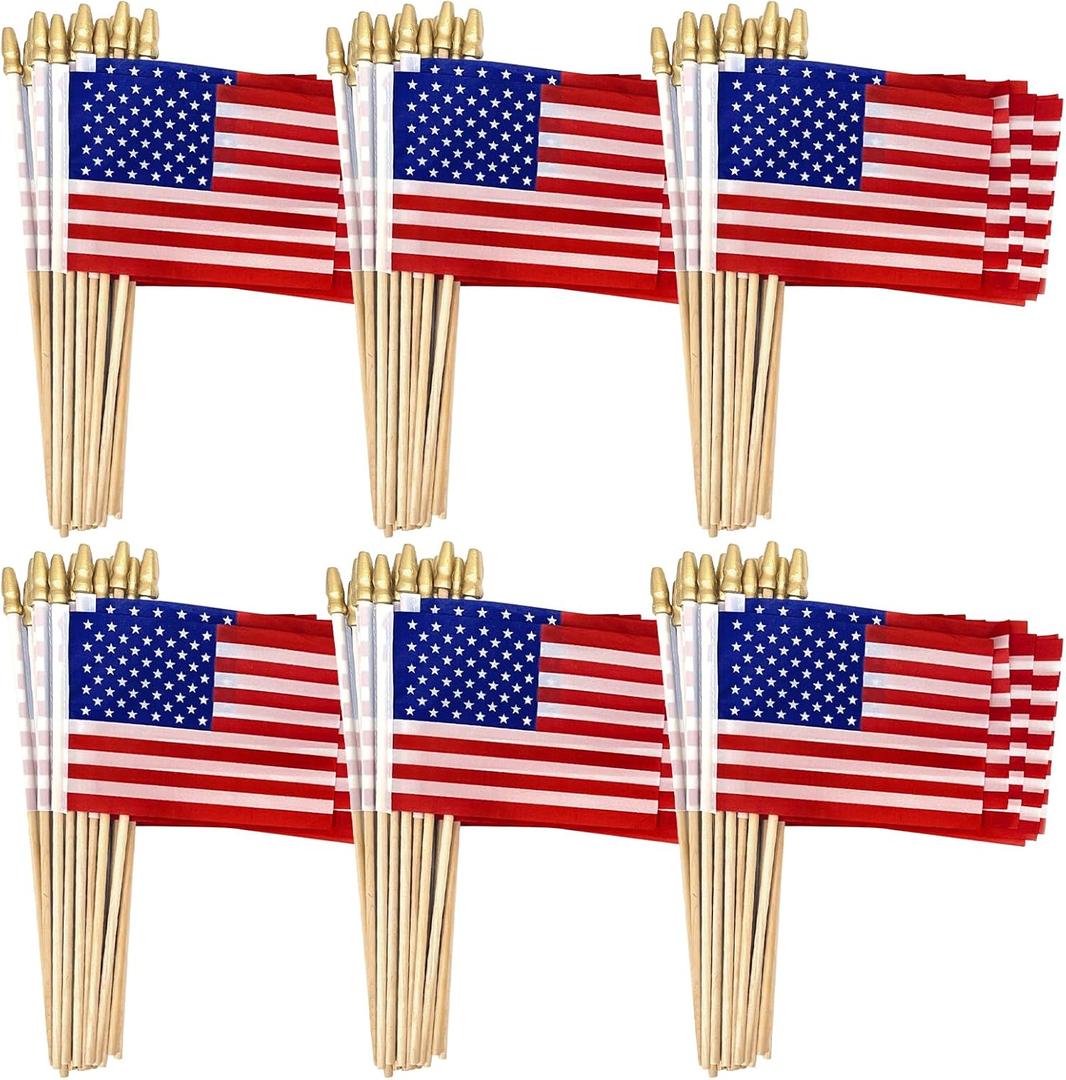 TURNMEON 100 Pack 4x6 Inch Small American Flags Handheld on Stick 4th of July Mini US Flag Patriotic American Flag Wooden Stick Flag Spear Top Fourth of July Decorations Independence Day,Memorial Day