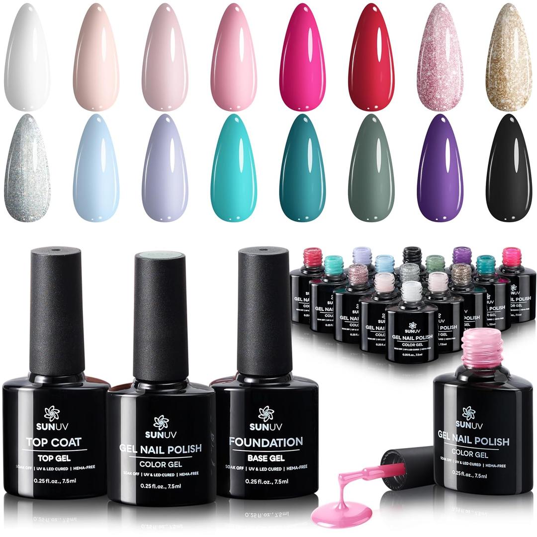 2 x SUNUV 16 Color Gel Nail Polish Kit with Base Top Coat,White Black Pink Nude Silver Glitters Gel Polish Set, Manicure Set Salon DIY Home Gift