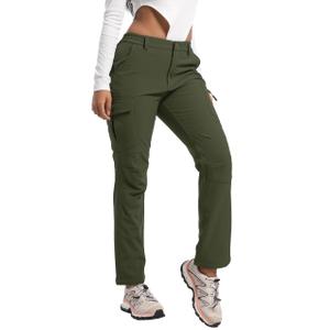 AREOUTS Women's Snow Ski Pants Fleece Lined Waterproof Softshell Insulated Winter Outdoor Hiking Cargo Pants Army Green XS (XS)