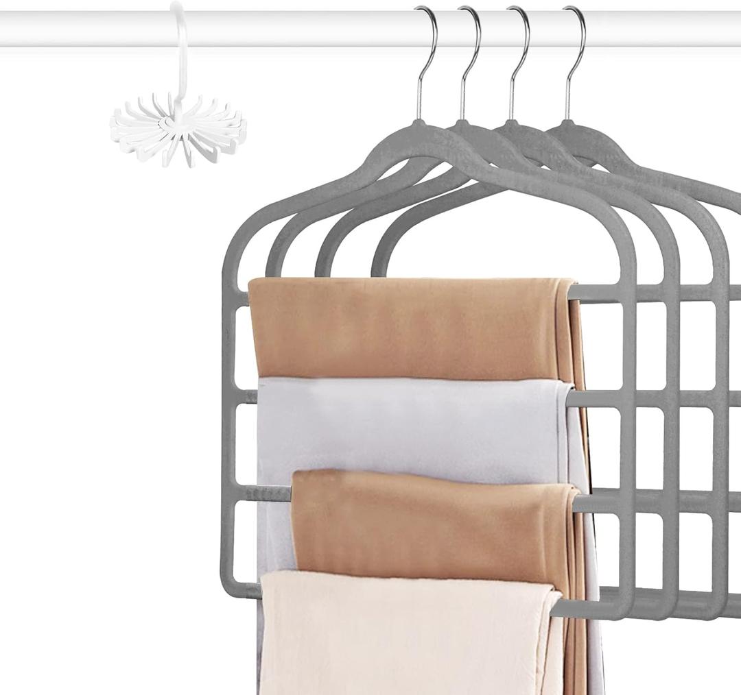 Tinfol Gray Velvet Pants Hangers Space Saving, 4pc Non-Silp Pant Hanger, Jeans Slack Trousers Hangers, Multi Layer Clothes Hanger Closet Organizer Perfect for Pants,Trouser,Jeans