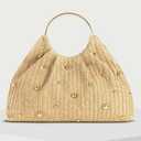 Trendy Straw Clutch Purse for Women Round Handheld Evening Handbag Exquisite Metal Beaded Bag Party Wedding Top-Handle Purse