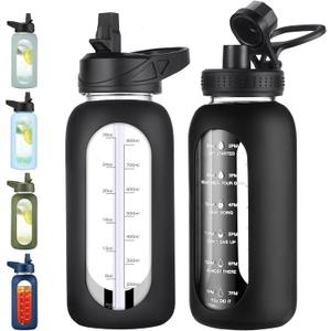 32 oz Glass Water Bottle with Straw and Handle, Sports Motivational Water Flask with Silicone Sleeve, Large Leakproof Water Flask Cup with Time Marker for Travel, Gym, Black