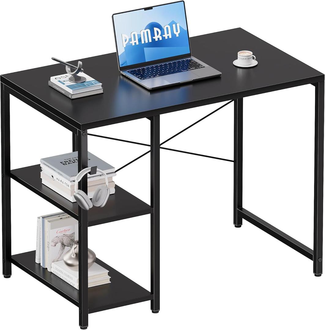 Pamray 32 Inch Small Computer Desk with Shelves, Home Office Desk with Headphone Hook for Bedroom, Study Writing PC Table for Small Spaces, Black