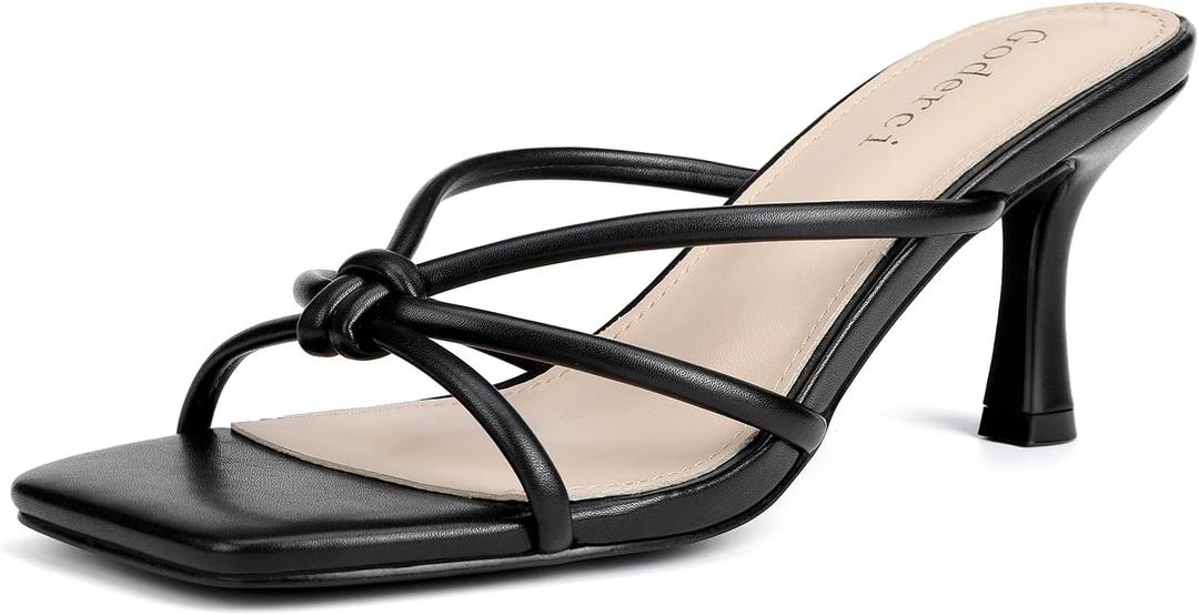 Goderci Kitten Strappy Heels for Women Knotted Square Open Toe Slip On Mule Heels Mid Heeled Sandals (Black), 7.5