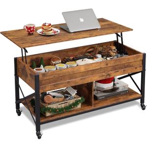 WLIVE Coffee Table, 41.3" Lift Top Coffee Table with 4 Wheels, Hidden Compartment, Storage Shelf and Lift Tabletop for Living Room, Reception Room, Rustic Brown