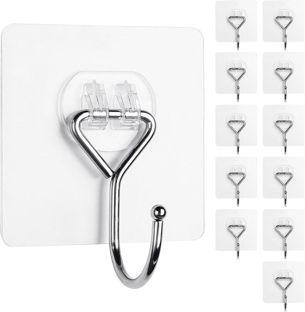Meknow Large Adhesive Hooks Utility Hooks 12 Pack Waterproof and Rustproof Wall Hooks for Hanging Heavy Duty, Stainless Steel Robe & Towel Hanger 22Ib(Max) for Kitchen, Bathroom, Home and Office