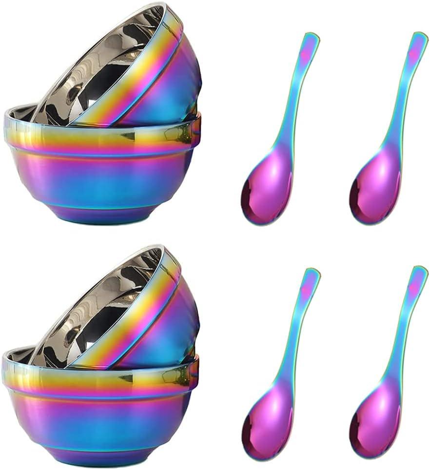 14oz Rainbow Bowl Set with 4x Soup Bowls and 4x Soup Spoons, 304 Stainless Steel Double-Walled Cereal Bowls for Breakfast, Drop Resistance Children Bowls