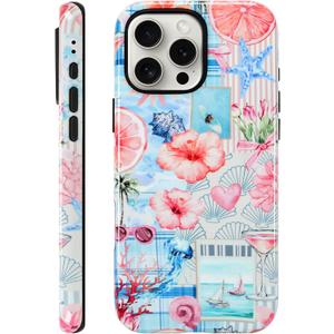 KANGHAR Magnetic Designed for iPhone 16 Pro Case, Cute Pink Summer | Compatible with MagSafe, Beach Coastal Collage Aesthetic Design, 2-Layer Hybrid Shockproof Protective Cover for Women Girls