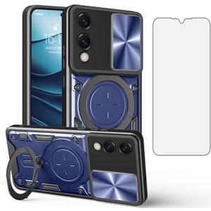 Asuwish Phone Case for Samsung Galaxy S25 Edge Slide Camera Cover with Tempered Glass Screen Protector and Ring Holder Stand Hybrid Mobile Cell Accessories S25Edge 25S S 25 25Edge Women Blue