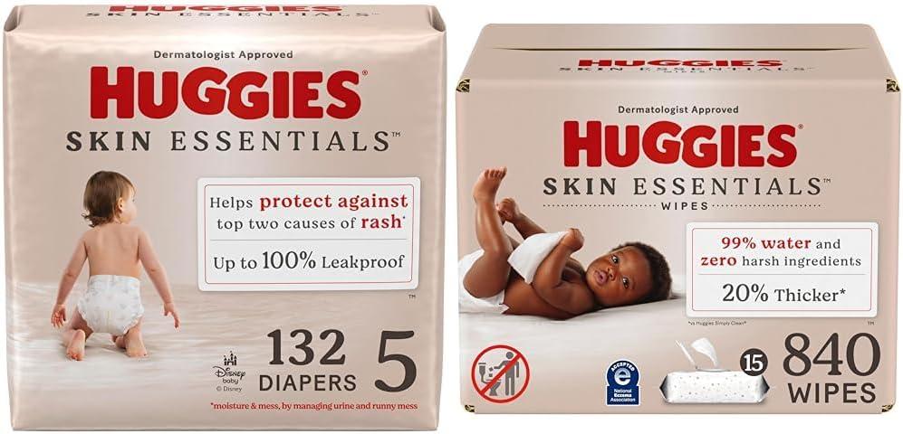 Huggies Skin Essentials Bundle: Huggies Skin Essentials Baby Diapers, Size 5 (27+ lbs), 132 Count & Baby Wipes, 15 Flip-Top Packs, 840 Count (15 Packs of 56)