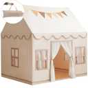 Large Kids Tent Playhouse Base Fabric with Star Lights, Flags and Tote Bags, Kids Play Tent Indoor & Outdoor, Washable Teepee Tent for Boys & Girls, Play House for Toddler, Neutral Color