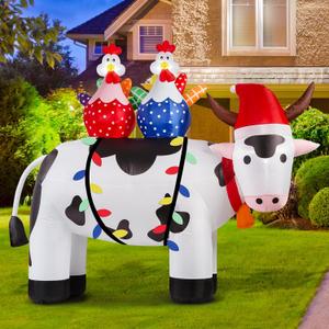 SIKADEER 6 FT Christmas Blow Up Inflatable Decorations, Turkey Standing on Cow, Outdoor Xmas Decor with Built-in Bright LED Lights, IP68 Waterproof Fan for Holiday, Lawn, Party, and Yard Display