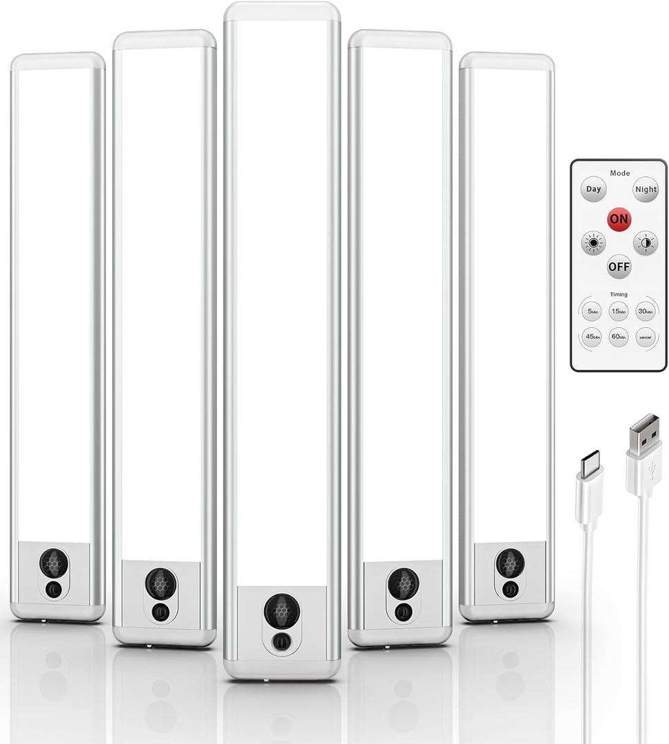 EZVALO 5 Pack Under Cabinet Lighting, Rechargeable Motion Sensor Light, LED Closet Lights Wireless, 5700K Dimmable, Timer, Magnetic, with Remote Control for Kitchen, Closet, Stair (Cool White)