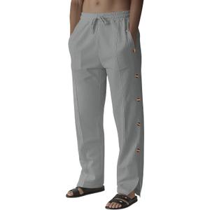 Mens Linen Pants Summer Casual Button Straight Beach Pants Baggy Elastic Waist Drawstring Yoga Trousers with Pockets (Gray, XL)