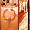 Glitter for iPhone 17 Pro Case with Eye-catching Integrated Lens Protection, [Sparkly Bling Back Panel] [Seamless Work with Magsafe] Cute Women Girly Magnetic Case for iPhone 17 Pro 6.3" Cosmic Orange