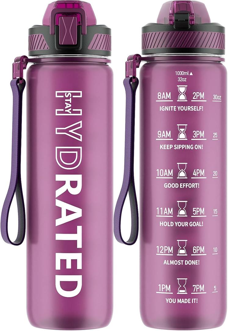 Water Bottle with Straw, 32oz Motivational Water Bottles with Time Marker to Drink, Tritan BPA Free, 1L Sports Water Bottle with Carry Strap LeakProof for Women Gym Fitness Outdoor (1 Pack) (Rose Red)