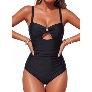 Smismivo Vintage Cutout One Piece Swimsuits for Women Tummy Control|Modest Full Coverage Bathing Suit Long Torso Swim Suits Flattering Slimming Swimwear for Curvy Beach Pool Vacation Black M (Black, M)