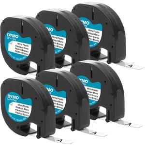 DYMO Authentic LT Plastic Labeling Tape for LetraTag Label Makers, 1/2" (12mm), Black Print On White Tape, 6-Pack