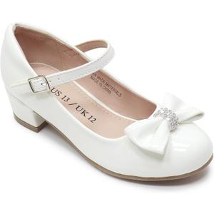 LseLom Girls White Dress Shoes Mary Jane Shoes for Girls Low Heel Hook and Loop Bowknot Flats for School Wedding Party (2 Big Kid)