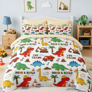 Nesker Dinosaur Comforter Set Twin Size, 5 Pieces Bed in a Bag, Dinosaur Cartoon Bedding Set for Boys, Construction Truck Excavator Comforter Set with 1 Pillowcase & 1 Sham