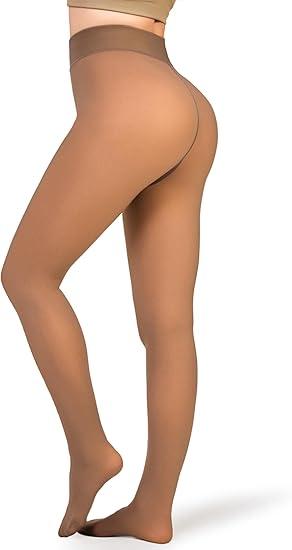 HONGTEYA 1 Pairs Fleece Lined Tights Women - Warm Sheer Pantyhose Fake Translucent Tights Winter Thermal Leggings (US, Alpha, Small, Regular, Regular, Fake Translucent Black+Nude)
