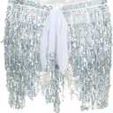 Belly Dance Sequin Tassel Skirt Hip Scarf Belt Mini Skirt Festival Rave Clothing for Women (Silver)
