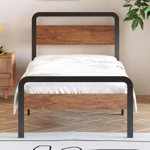 12 Inch Twin Bed Frames with Wooden Headboard and Footboard, No Box Spring Needed, Heavy Duty Metal Mattress Foundation, Noise Free, Easy Assembly, Black
