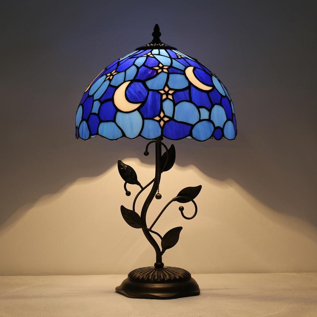 Tiffany Style Table Lamp,Stained Glass Moon Table Lamp,12X12X19 Inch Reading Light, Metal Leaf Base Antique Glass Desk Decor Lamp.