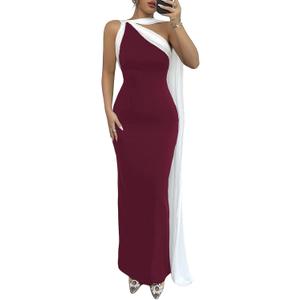 GORGLITTER Women's Formal Bodycon Maxi Evening Dress One Shoulder Sleeveless Cocktail Elegant Classy Dresses with Scarf (Medium, Burgundy)
