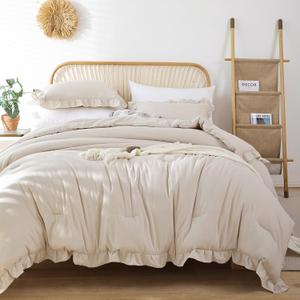 JANZAA Comforter Set Full Size Beige Ruffle Comforter 3PCS Soft Fluffy Comforter Vintage Farmhouse Bed Comforter Set Shabby Chic Bedding with 2 Off White Pillowcases