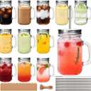 Mason Jar Cups with Handle 16 oz, Vintage Glass Cups with Lids and Straws, Reusable Pint Drinking Jars for Iced Coffee, Smoothies, Juice, Food Storage,12 Pack