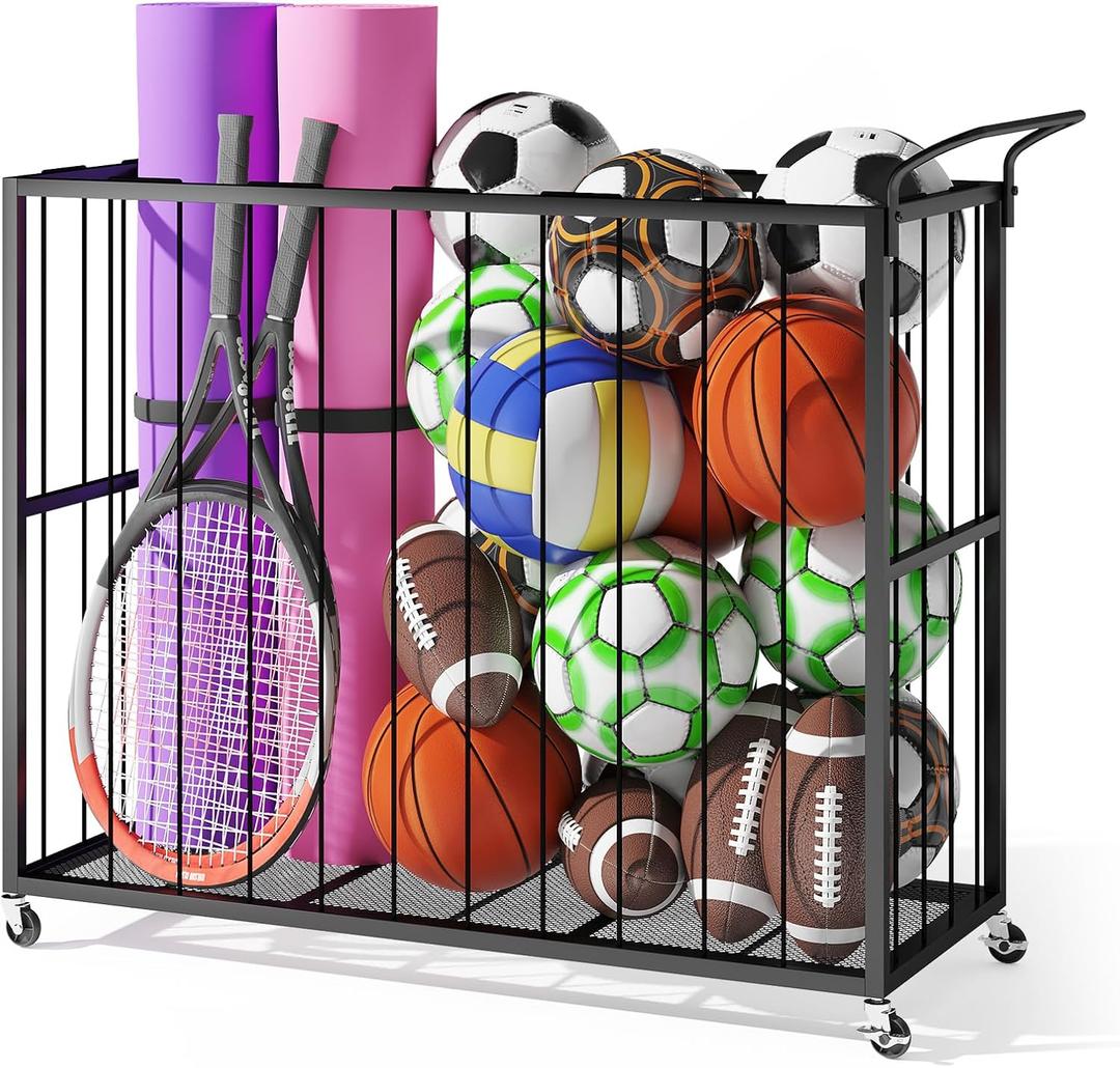 Homsorout Ball Storage Bin Rolling Sports Ball Cart, Metal Garage Organizer Sport Rack, Ball Basket Storage, Ball Cage for Garage or Gym, Indoor & Outdoor Sports Equipment Organizer (Black)