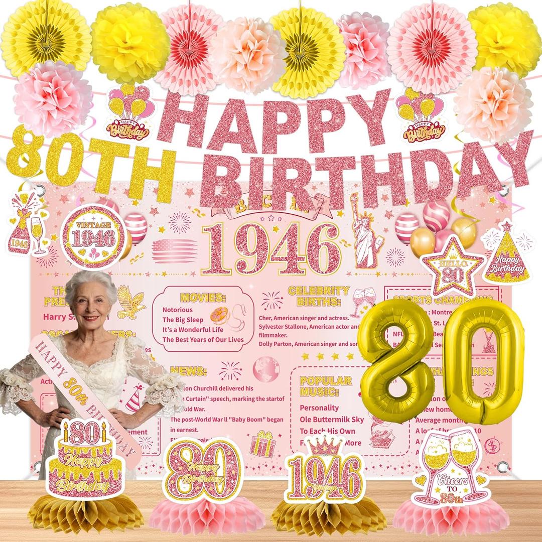 24 Pcs 80th Birthday Decorations for Women, Back in 1946 Party Supplies, Pink Gold 80th Birthday Banner Backdrop Hanging Swirls Balloons Honeycomb Centerpieces Sash