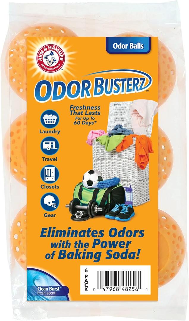 Arm & Hammer OdorBusterz Odor Eliminator Balls, Clean Burst, 6 Count  Baking Soda Odor Control for Closets, Drawers, Hampers & Small Spaces