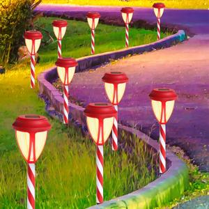Dynaming 10 Pack Solar Christmas Garden Lights, Outdoor Solar Powered Solar Candy Cane Pathway Markers, Waterproof & Auto On/Off Xmas Decorative Lights for Patio Yard Walkway Driveway Decor, Warm White