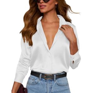 Neweek Womens Satin Button Down Shirts Long Sleeve Dress Shirts Silk Work Blouses for Women Dressy Casual Tunic Tops (Large, White)