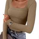 ZESICA Women's Long Sleeve Shirts 2025 Fall Fashion Square Neck Slim Fit Basic Going Out Tops Trendy Outfits Khaki Small