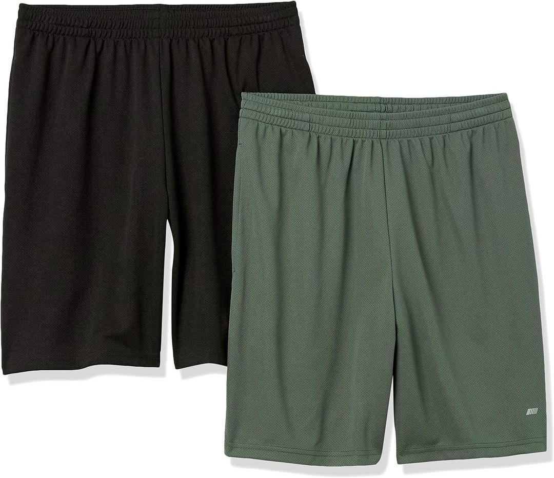 Amazon Essentials Men's Athletic Basketball Gym,Performance Tech Loose-Fit Training Shorts, Pack of 2 (Medium, Black/Olive)
