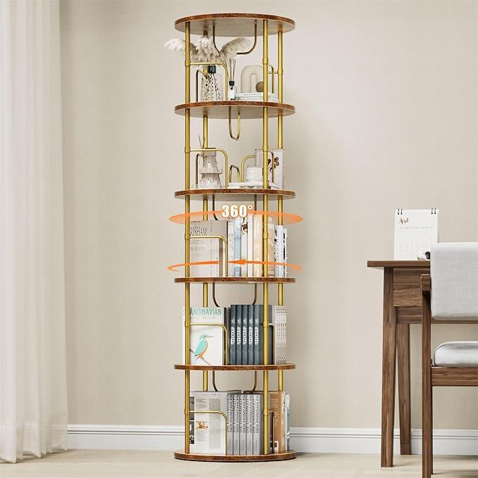 ALLSTAND 5 Tier Rotating Bookshelf, 360 ° Display Stackable Spinning Bookshelf Tower, Narrow Space Saving Tall Floor Standing Swivel Bookcase Corner Storage Organizer for Bedroom, Living Room, Gold