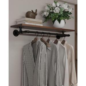 Clothes Rack 36in, Wall Mounted Garment Rack with Real Walnut Wood Shelf, Heavy Duty Hanging Clothes shelf, Multi-Purpose Hanging Rod, Space-Saving Closet Storage (Walnut, 1T36IN)